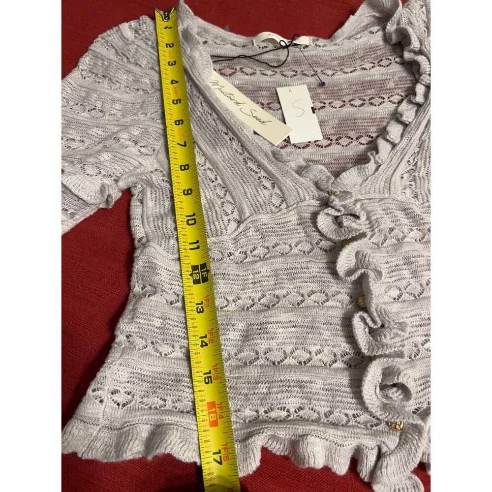 Mustard Seed NEW Ruffle Cardigan Sweater Size S Gray Knit Long Sleeve Cropped Bu - Picture 4 of 11